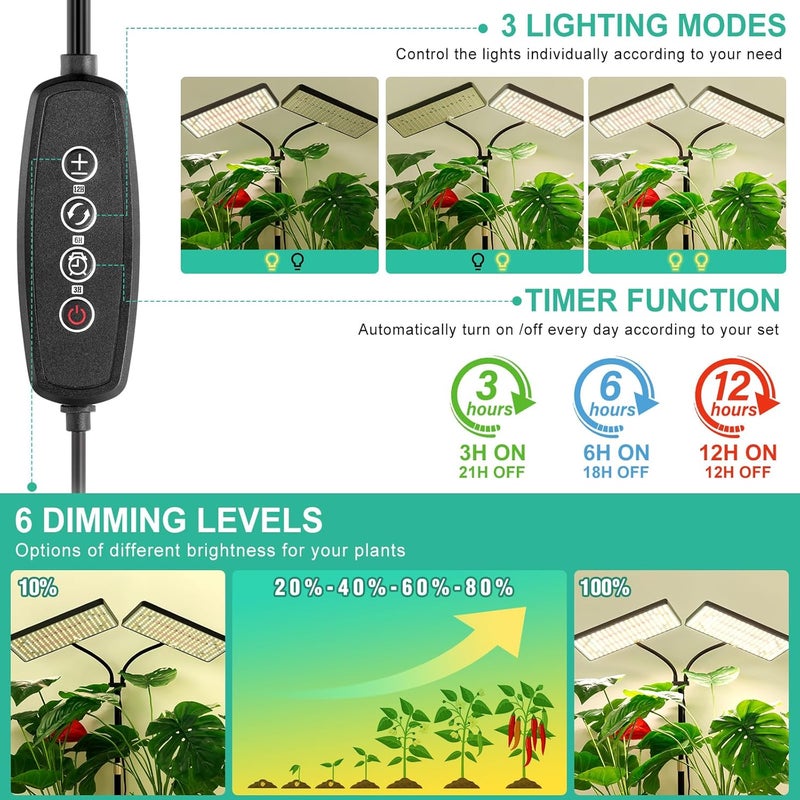 LBW Upgraded Desk Grow Lights for Indoor Plants, Dual-Head 428 LED Tabletop Full Spectrum Grow Light, with 3/6/12H Timer, 6 Brightness Levels, 3 Lighting Modes, Height Adjustable for 10-26 inches - Image 4